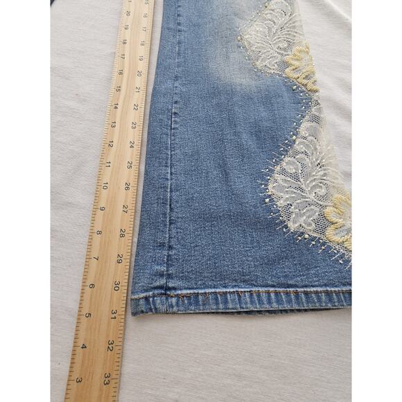 Sassy Thai Jeans Womens Embellished Beads Flowers Rhinestones Mid Rise 10 Flare - Picture 5 of 14